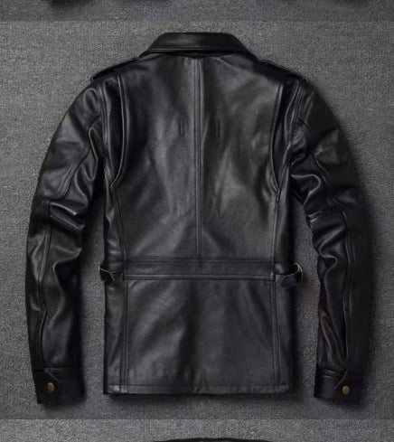 Men's Genuine Cowhide Leather Jacket - Mid-Length Reversible Workwear Jacket