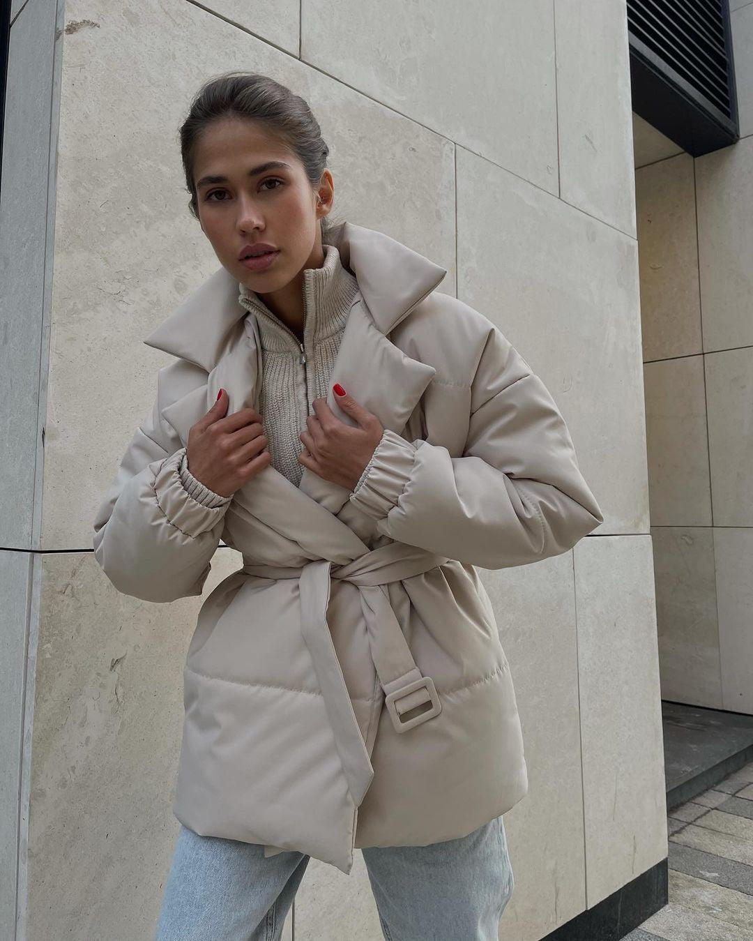 Women's Winter Lapel Waisted Cotton Coat - Slim Fit Solid Color Overcoat