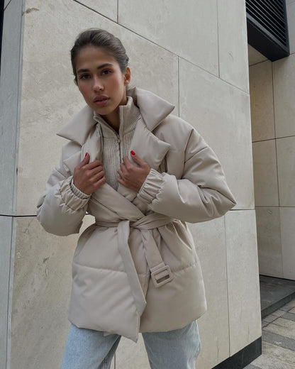 Women's Winter Lapel Waisted Cotton Coat - Slim Fit Solid Color Overcoat