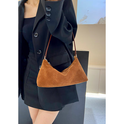 Suede Underarm Baguette Bag - Retro Matte Top-Grain Leather Shoulder Handbag