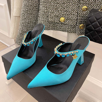 Premium Silk Rhinestone Pointed Toe Slippers - Elegant Women's Mules
