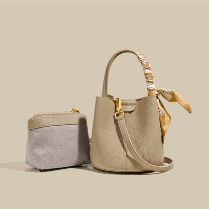 Women's Genuine Leather Bucket Bag - Advanced Texture Handbag with Drawstring Closure