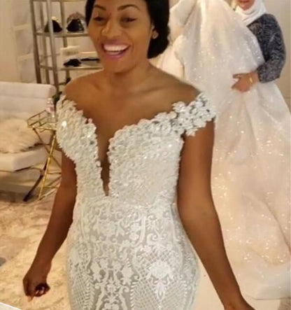 African Mermaid Detachable Lace Wedding Dress - Elegant Bridal Gown