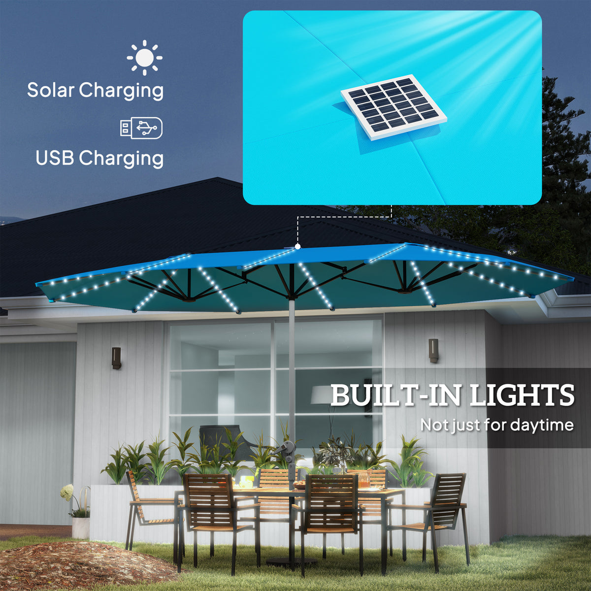 15ft Double-Sided Outdoor Patio Umbrella with Solar LED Rib Lights | UPF50+ | Crank Lift | Blue