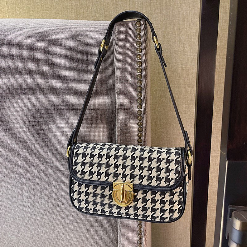 Houndstooth Canvas Baguette Bag - Underarm Shoulder Bag with Adjustable Strap