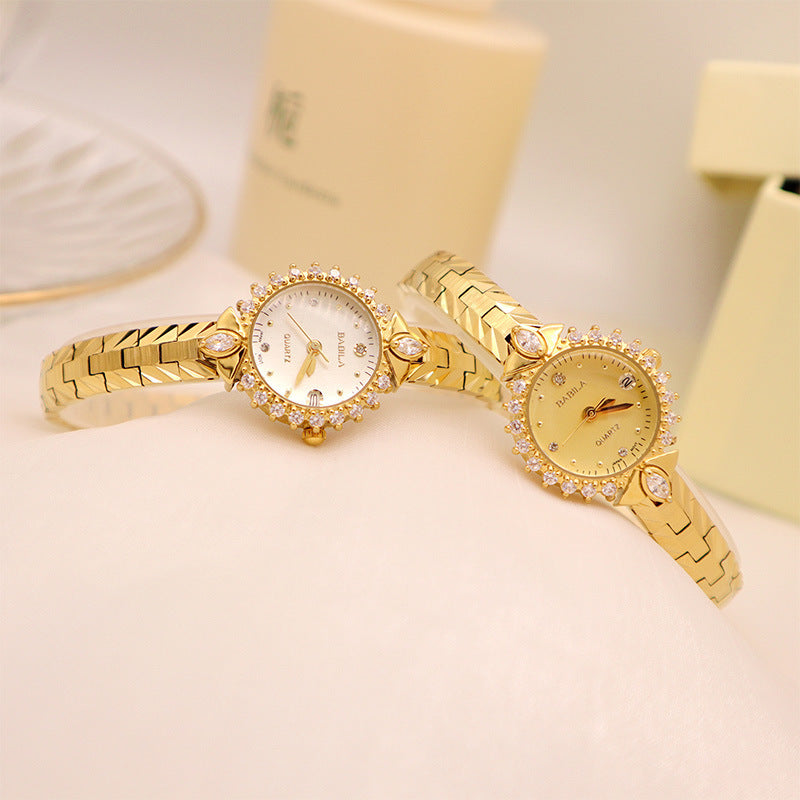 Women's Vintage Quartz Bracelet Watch | Diamond-Embossed Design | 6mm | Gold Face & Golden White