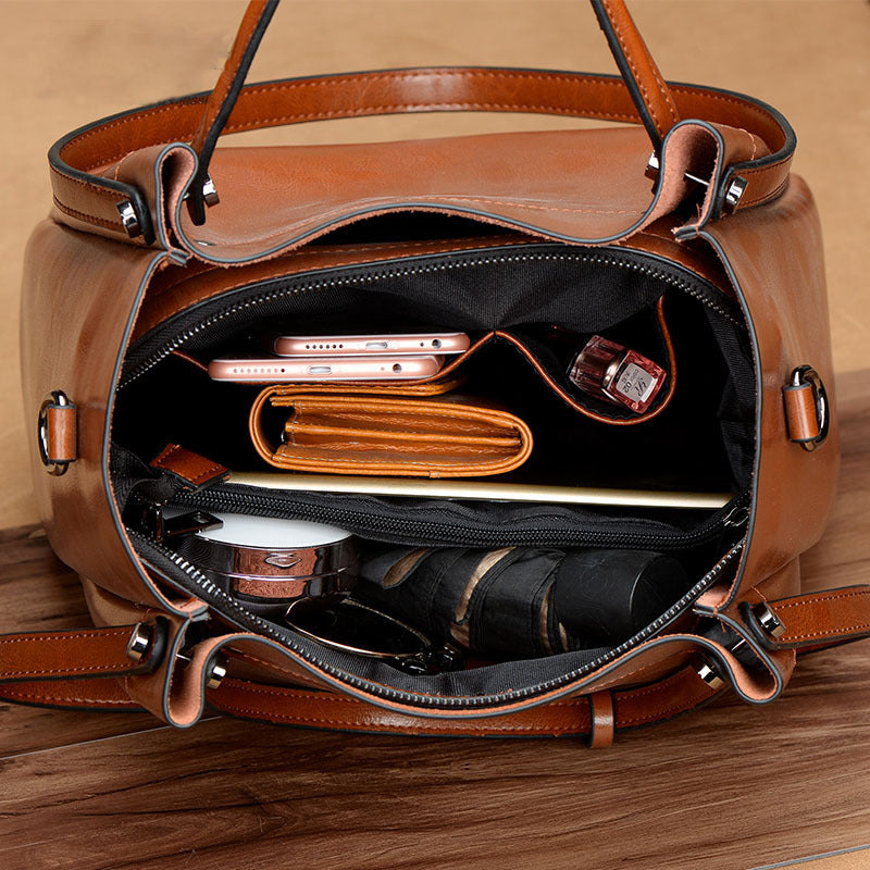 Women's Genuine Leather Handbag - Oil Wax Cowhide