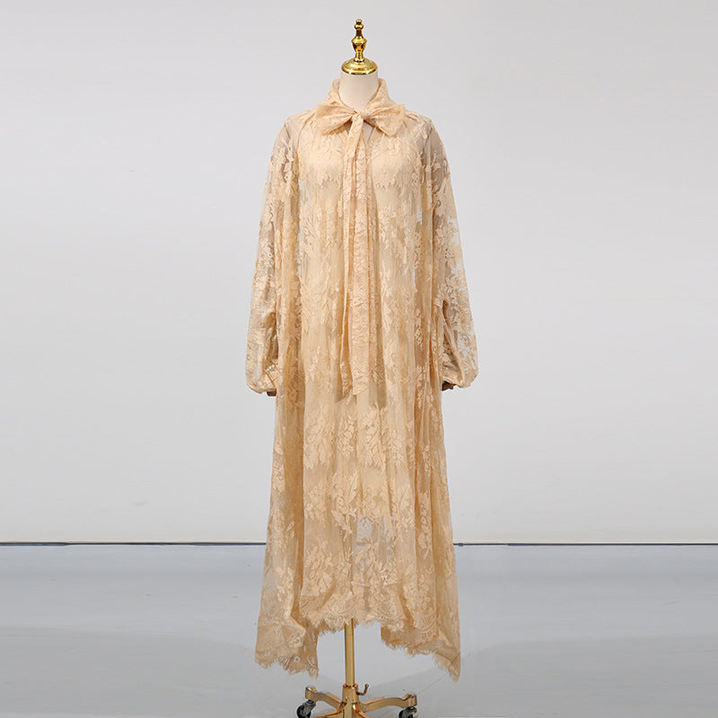 Women's Embroidered Long-Sleeve Loose Ruffle Maxi Dress — Apricot & Dark Coffee