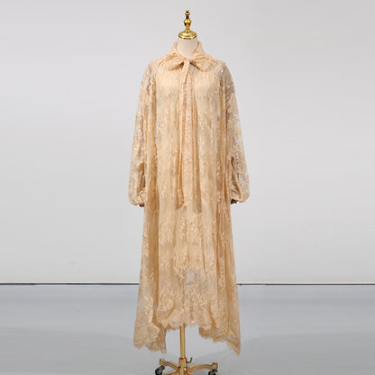 Women's Embroidered Long-Sleeve Loose Ruffle Maxi Dress — Apricot & Dark Coffee