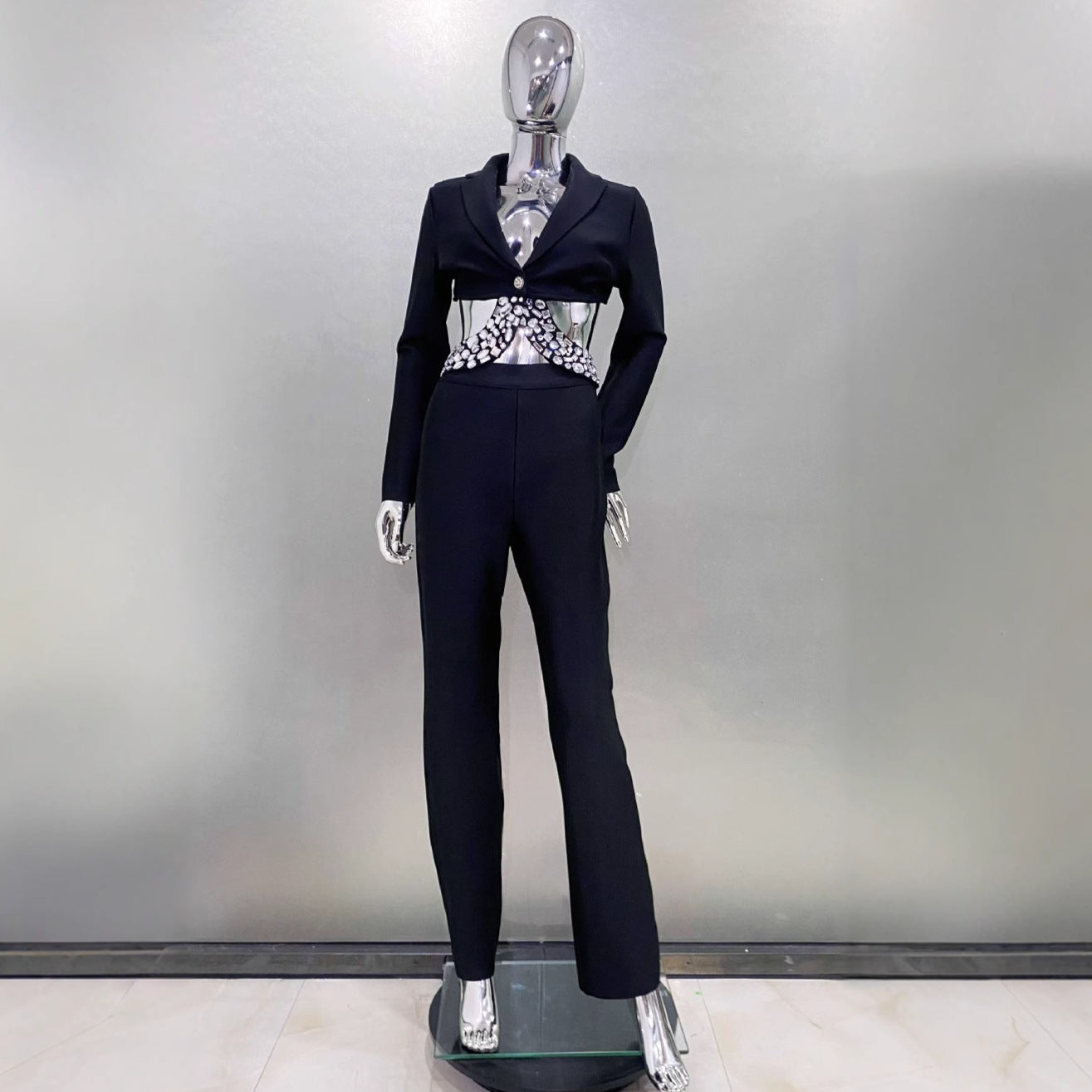 Women's Rhinestone Embellished Bodysuit - Long Sleeve Fitted Jumpsuit