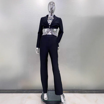 Women's Rhinestone Embellished Bodysuit - Long Sleeve Fitted Jumpsuit