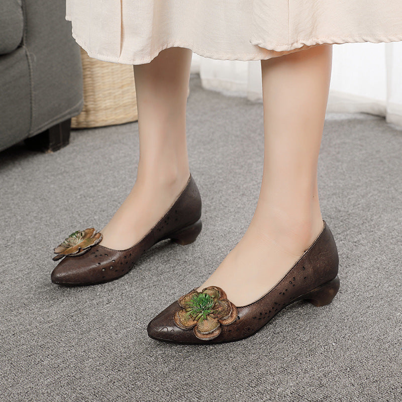 Handmade Retro First Layer Cowhide Leather Women's Shoes - Pointed Toe with Floral Detail