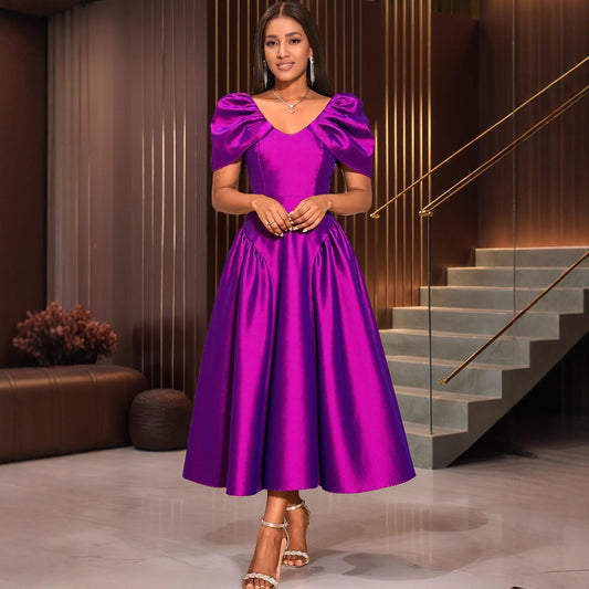 Women's Puff Sleeve A-Line Evening Dress | Pleated Maxi Banquet Gown