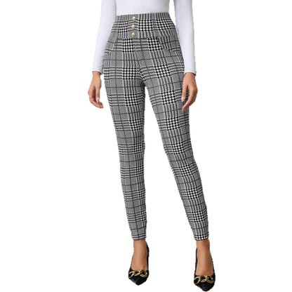 Women's Check Print Button Embellished High Waist Slim Fit Knit Pants