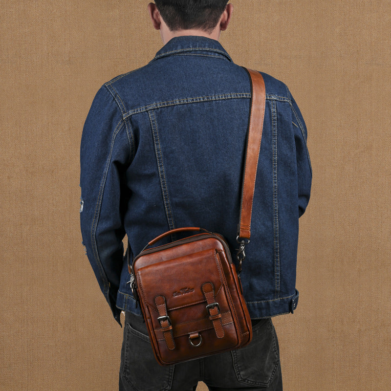 Genuine Leather Men's Shoulder Bag - Hand-Rubbed Top-Grain Cowhide Crossbody Messenger Bag