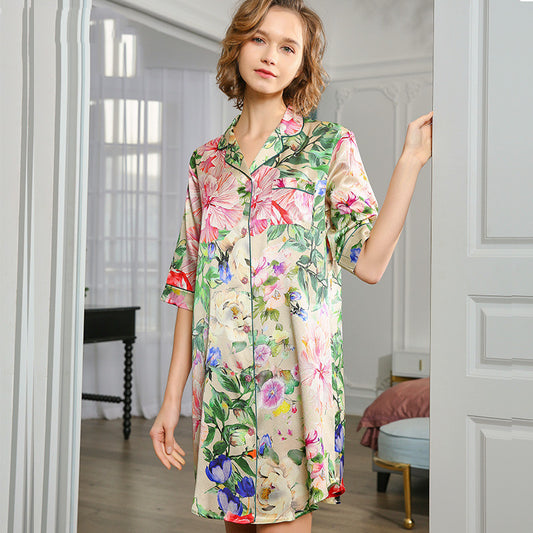 Women's Printed Mulberry Silk Nightdress - Shirt Style Sleepwear