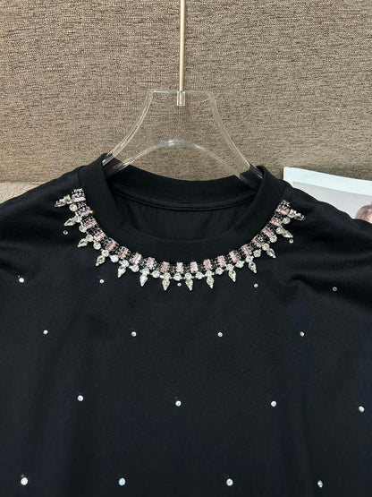 Women's Rhinestone Embellished Cotton T-Shirt - Round Neck Short Sleeve Top