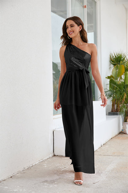 Sequin One-Shoulder Chiffon Maxi Dress - High Waist Split Hem Evening Gown