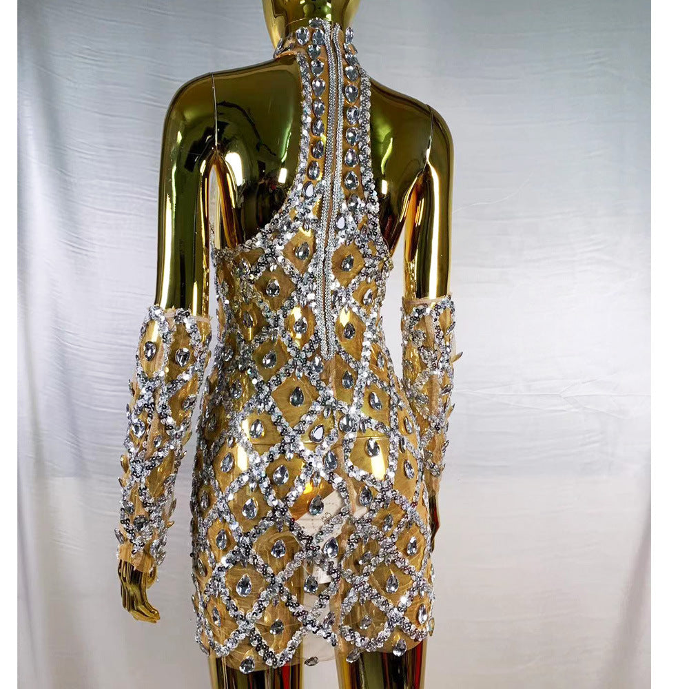Women's Rhinestone Plaid Sequin Mini Dress – High Waist Three-Quarter Sleeve Fitted Dress with Gloves