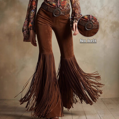 Women's Retro Western Fringe Suede-Look Pants - High Waist Tassel Trousers