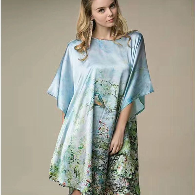 Women's Luxe Silk Bat Sleeve Nightdress - 100% Mulberry Silk Loose Fit Pajama Dress with Inkjet Prints