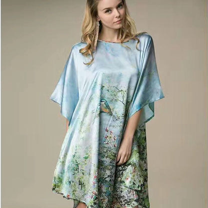 Women's Luxe Silk Bat Sleeve Nightdress - 100% Mulberry Silk Loose Fit Pajama Dress with Inkjet Prints
