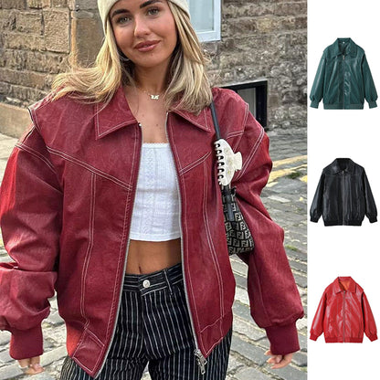 Women's Chenille Moto Biker Jacket - Loose Fit Lapel Zip-Up Jacket with Long Sleeves