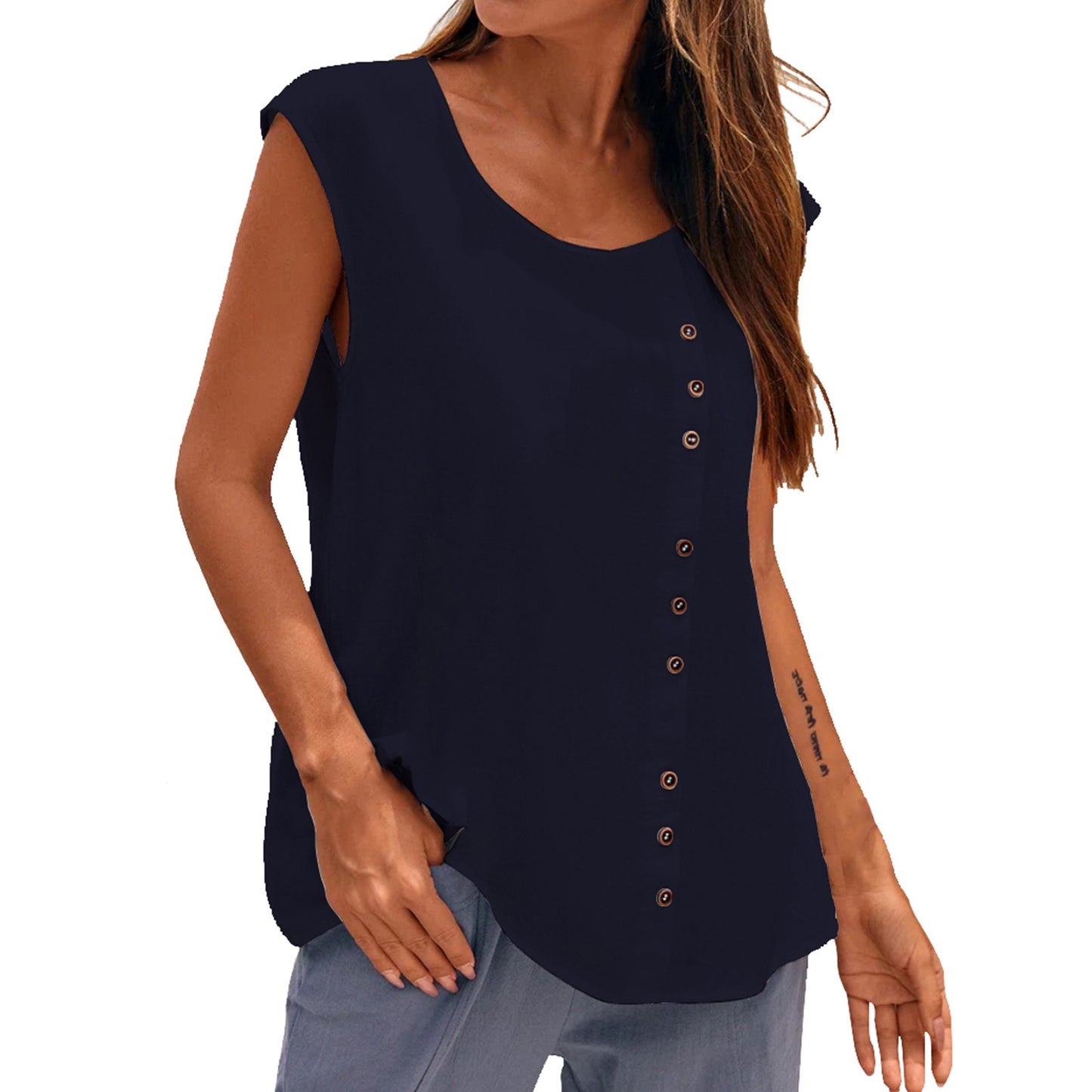 Women's Linen Blend Sleeveless Top - Asymmetric Button Detail