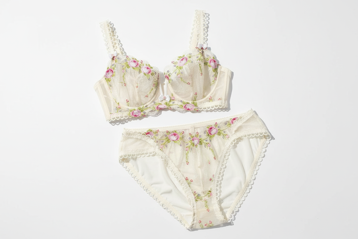 Women's Embroidered Mesh Lingerie Set - High-Density Floral Design Bra and Panty