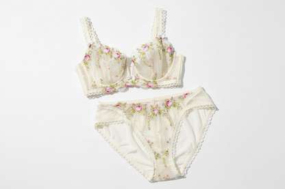 Women's Embroidered Mesh Lingerie Set - High-Density Floral Design Bra and Panty