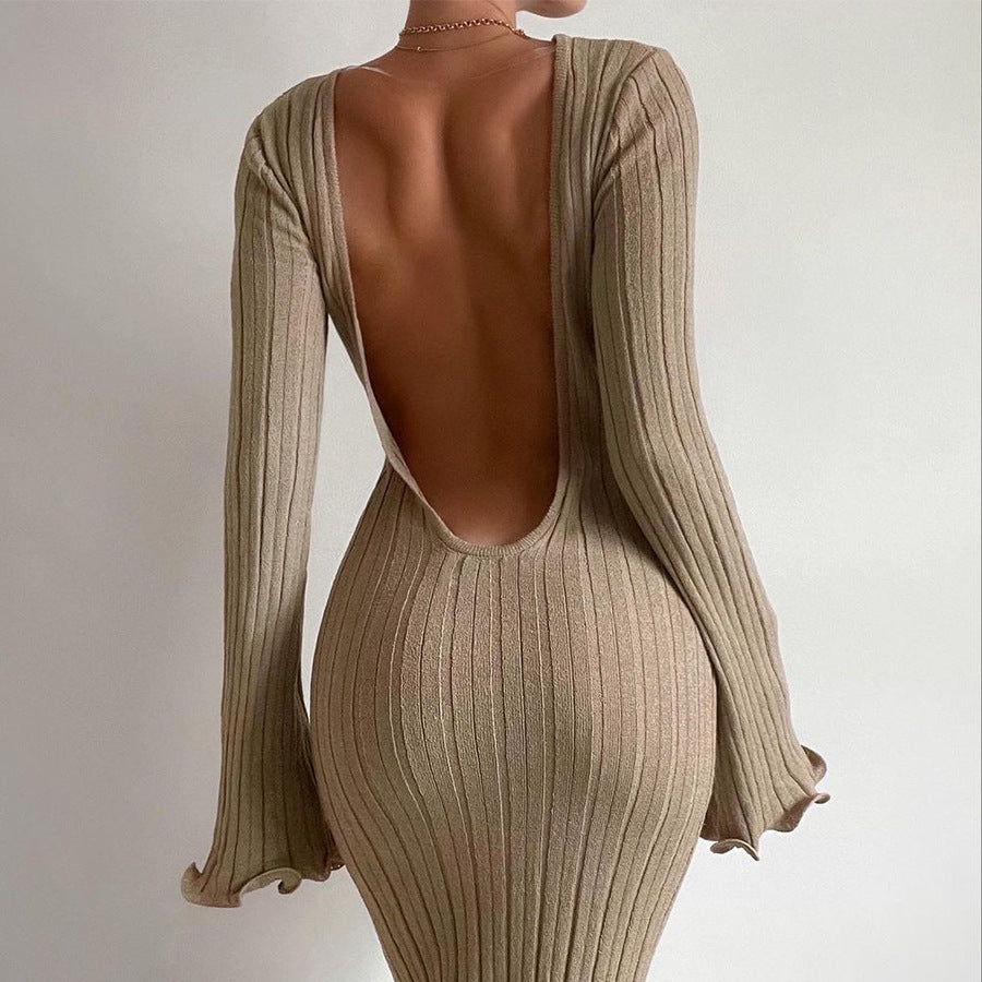 High Waist A-Line Maxi Dress - Long Sleeve Cotton Knit Dress