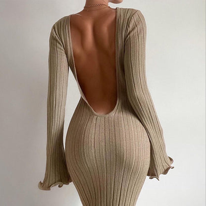 High Waist A-Line Maxi Dress - Long Sleeve Cotton Knit Dress