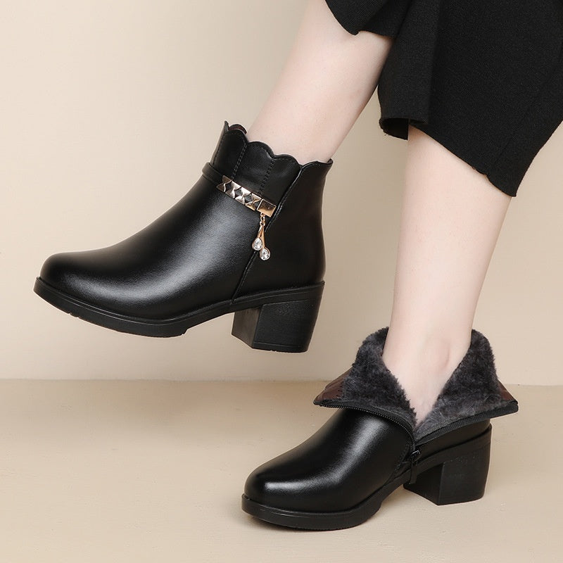 Women's Casual Ankle Boots - Mid Heel Chunky Heel Winter Boots with Side Zipper