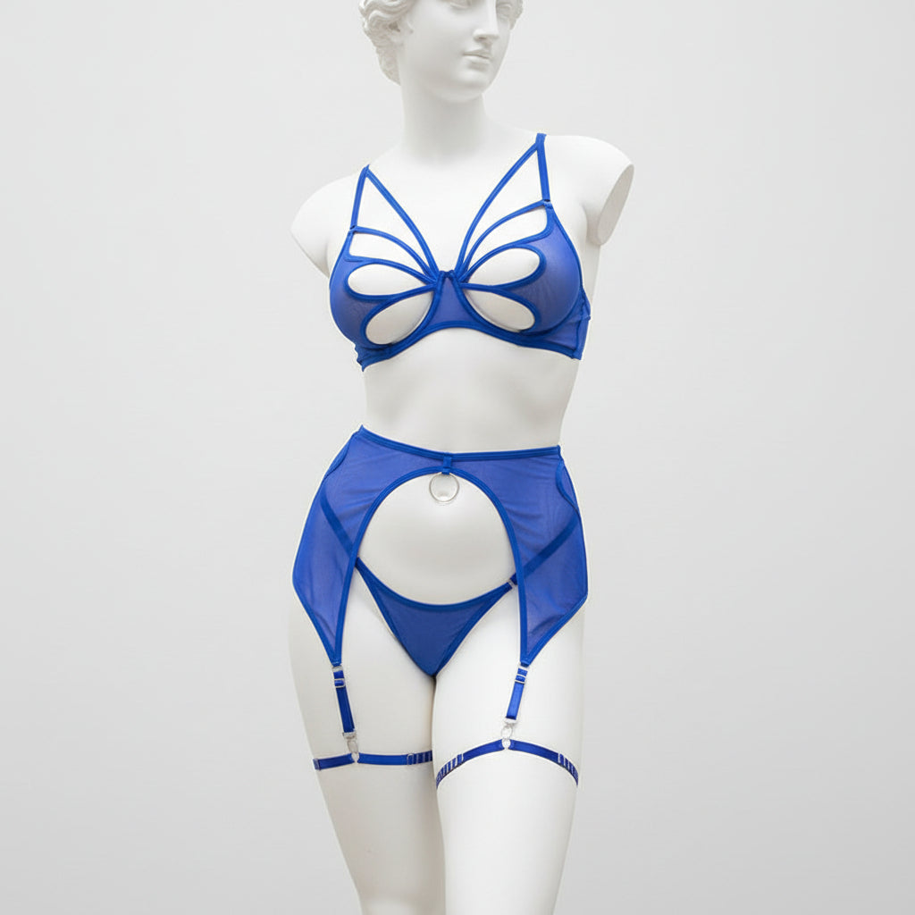 Women's Four-Piece Mesh Lingerie Set - Delicate Cutout Design with Garter