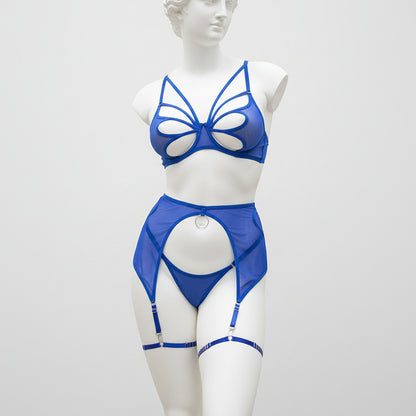 Women's Four-Piece Mesh Lingerie Set - Delicate Cutout Design with Garter