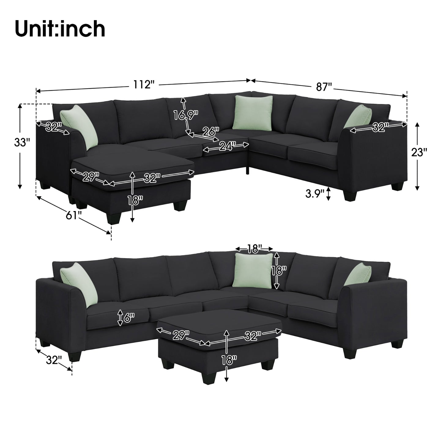 7-Seat Modular L-Shaped Sectional Sofa Set with Ottoman - 112" x 87" Black Polyester Fabric
