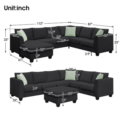 7-Seat Modular L-Shaped Sectional Sofa Set with Ottoman - 112" x 87" Black Polyester Fabric