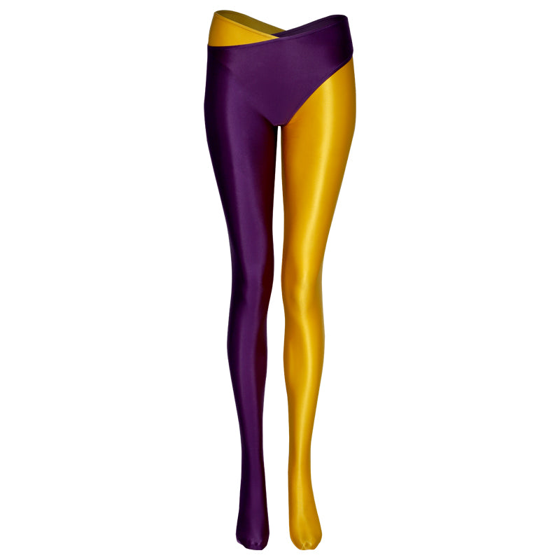 Crossed Two-Color Split-Leg Glossy Pants - Women's High Waist Nylon Leggings
