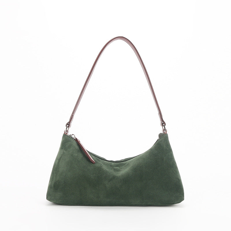 Suede Underarm Baguette Bag - Retro Matte Top-Grain Leather Shoulder Handbag