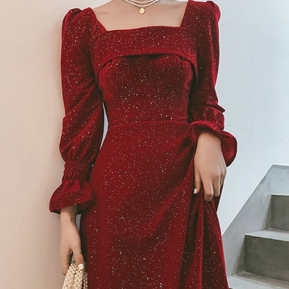 Women's Red Cotton Mid-Rise Dress – Elegant Bridal Toast Party Attire