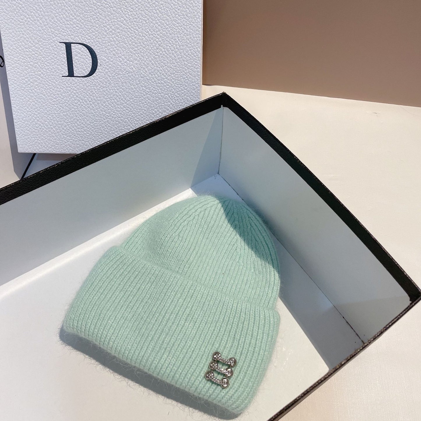 Women's Rabbit Fur Knitted Hat with Buckle - Winter Dome Crown Beanie