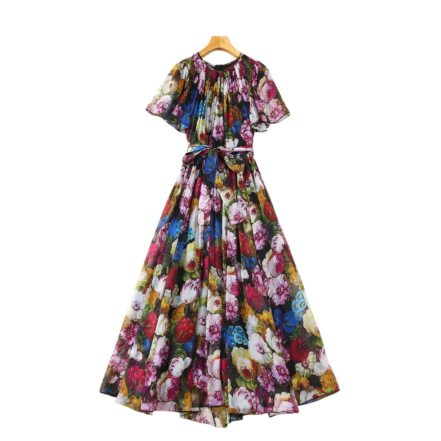 Premium Silk Chiffon Dress - Pleated Chrysanthemum Print with Belt