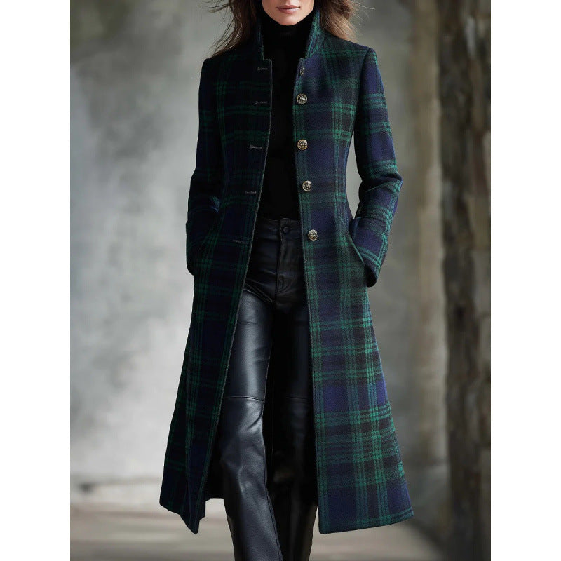 Women's Single-Breasted Plaid Long Sleeve Cardigan Coat - Long Jacket