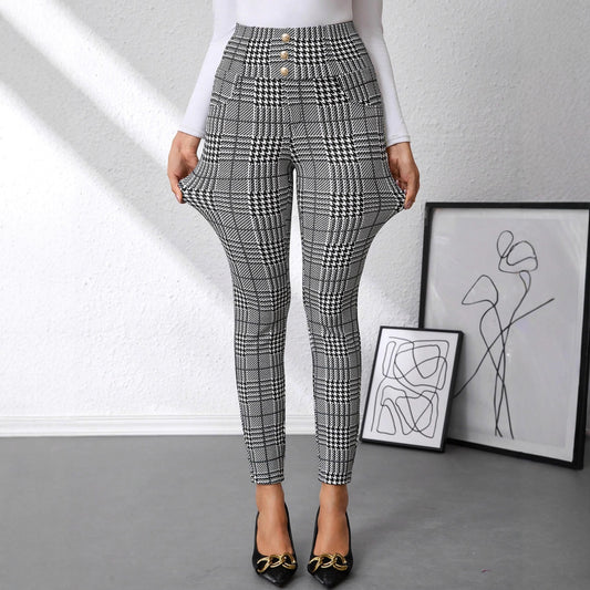 Women's Check Print Button Embellished High Waist Slim Fit Knit Pants