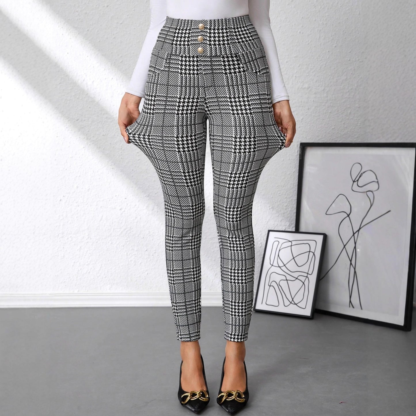 Women's Check Print Button Embellished High Waist Slim Fit Knit Pants