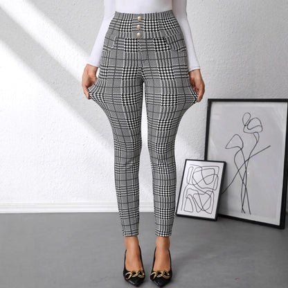 Women's Check Print Button Embellished High Waist Slim Fit Knit Pants
