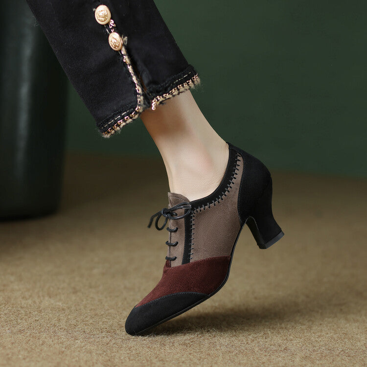 Retro Lace-Up Leather Ankle Boots - Mid-Calf Chunky Heel Shoes