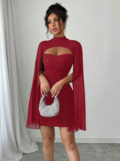 Women's Round-Neck Ribbed Pearl Chiffon Cape Bodycon Dress - Elegant Mini Dress