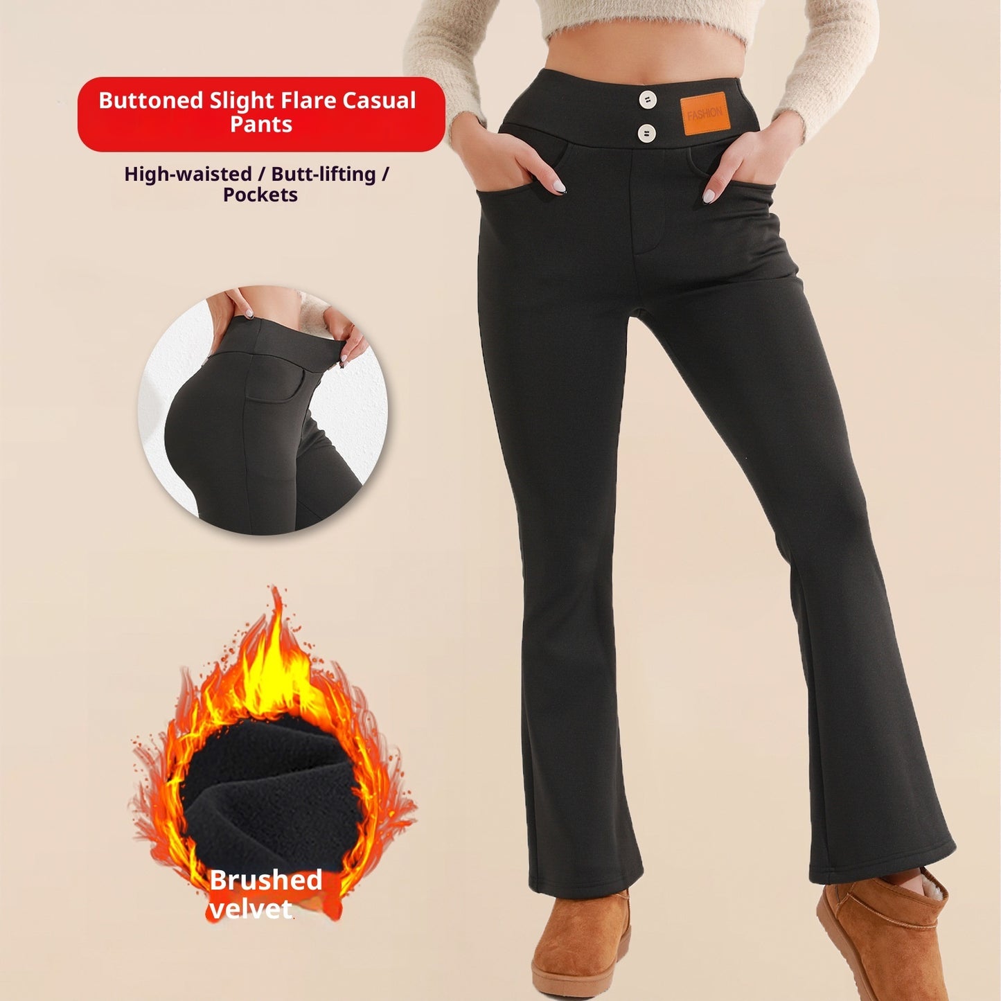 High Waist Brushed Fleece Trousers - Women's Button Detail Casual Pants