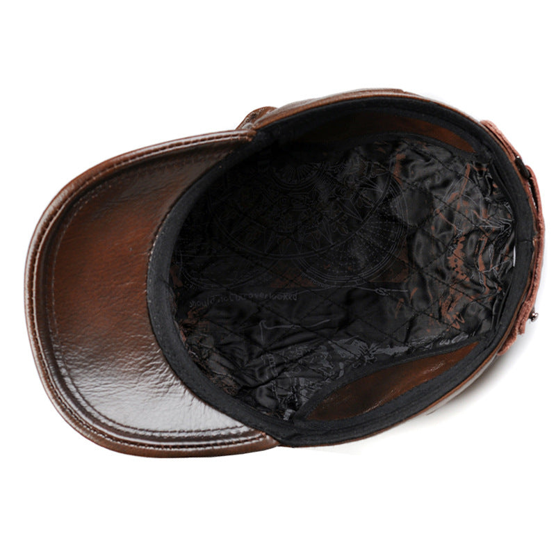 Men's Genuine Leather Octagonal Cap - Premium Cowhide Flat Top Hat